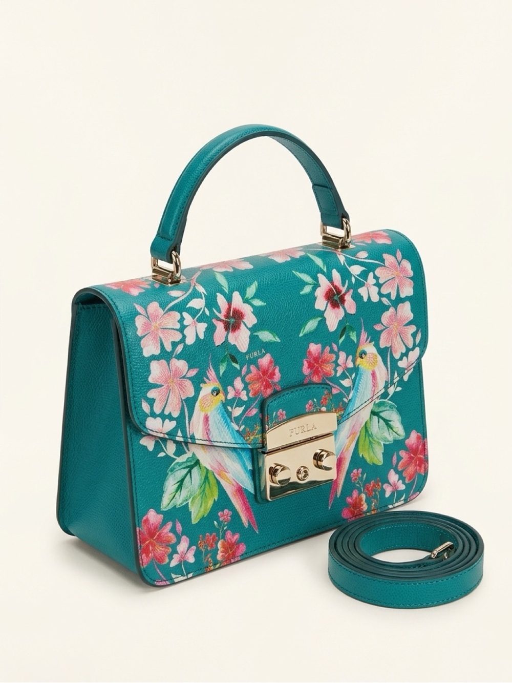 Furla Teal Floral Crossbody Satchel with Gold Hardware - Picture 2 of 7